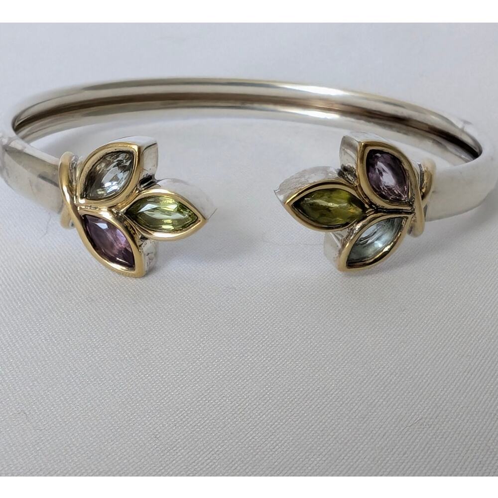 Modena Sterling Silver Bangle Bracelet 6.5" Marquise Natural Gemstones Flexible